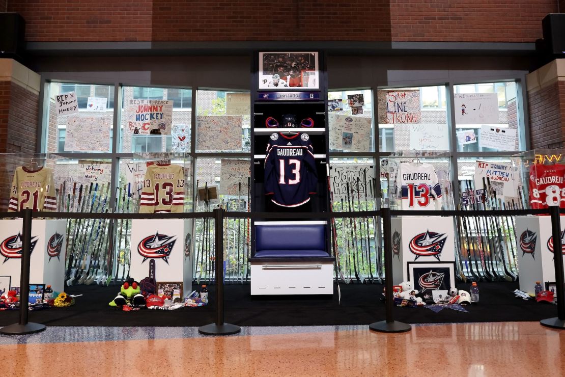 A memorial for former Columbus Blue Jackets player Johnny Gaudreau at Nationwide Arena.